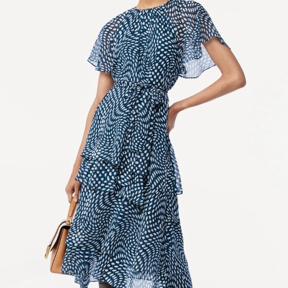 Green & White dotted raglan Sleeve Tie Waist tiered chiffon look dress size smal - Picture 6 of 10